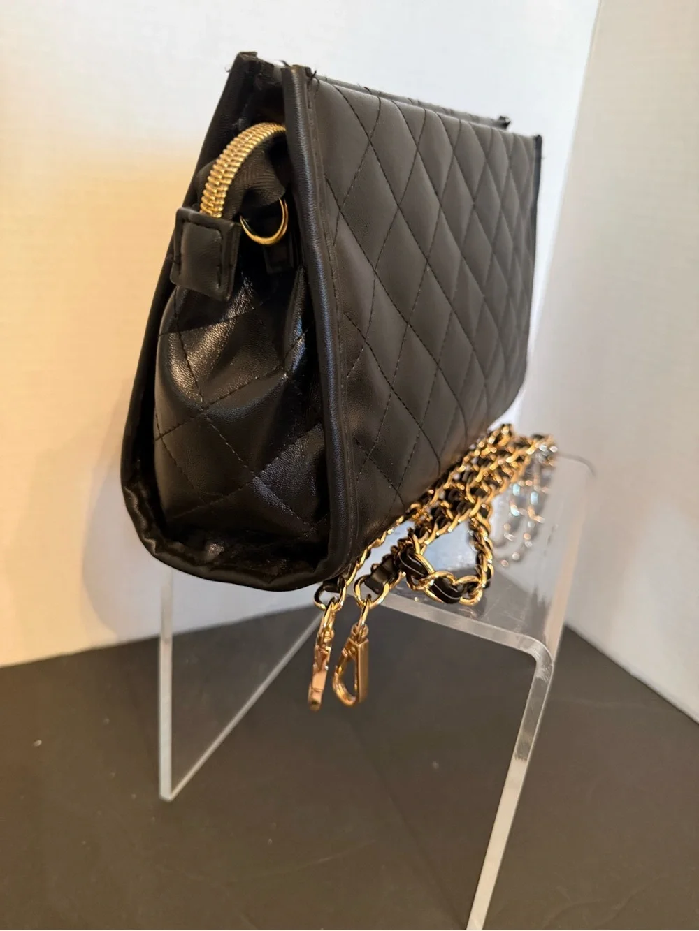 Younique Black Faux Lesther Quilted Crossbody with Gold Chain